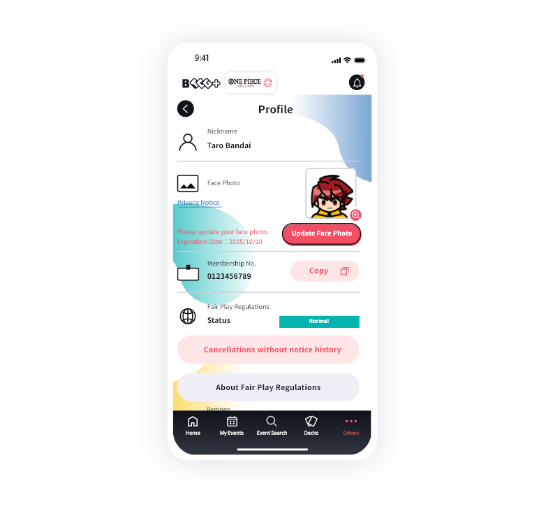 Halaman Profile BANDAI TCG+ menampilkan bagian Face Photo dan status Fair Play Regulations