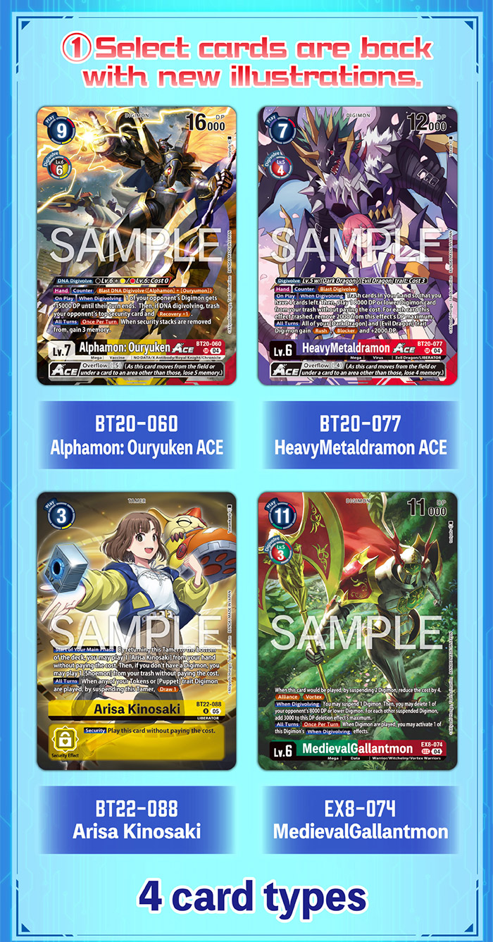 Empat kartu alt-art FINAL CREST: Alphamon Ouryuken ACE, HeavyMetaldramon ACE, Arisa Kinosaki, dan MedievalGallantmon