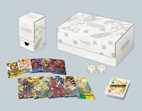 Isi lengkap Tamer's Evolution Card Set Nexus of Digimon: storage box, card case, kartu spesial, sleeve, dan counter marker
