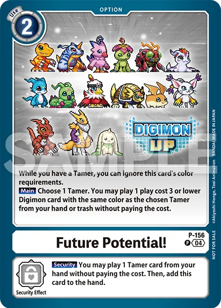 Kartu promo P-156 Future Potential dengan desain spesial pixel art DIGIMON UP
