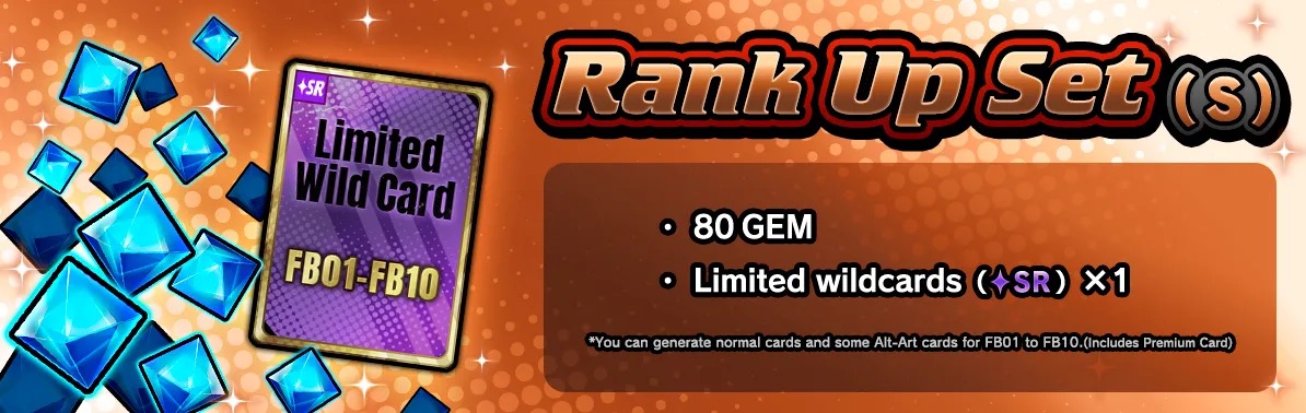 Detail isi Rank Up Set S berisi 80 Gem dan satu Limited Wildcard SR