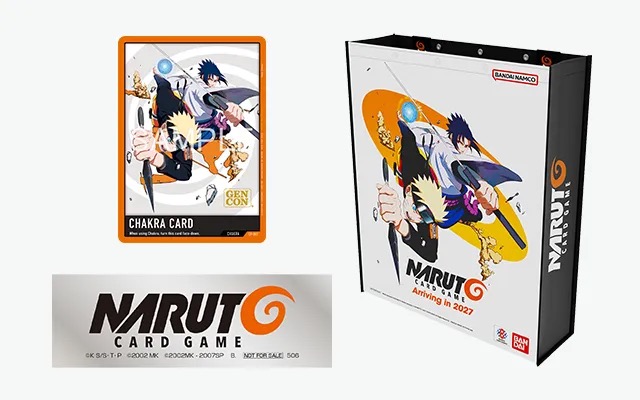 Gift set Gen Con 2026 berisi kartu promo CP-001 Chakra Card, tas khusus, dan stiker logo Naruto Card Game