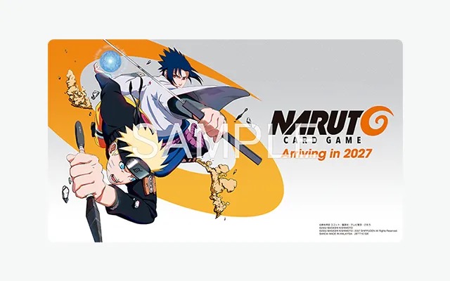 Sampel Official Playmat Naruto Card Game bergambar Naruto dan Sasuke dengan label Arriving in 2027
