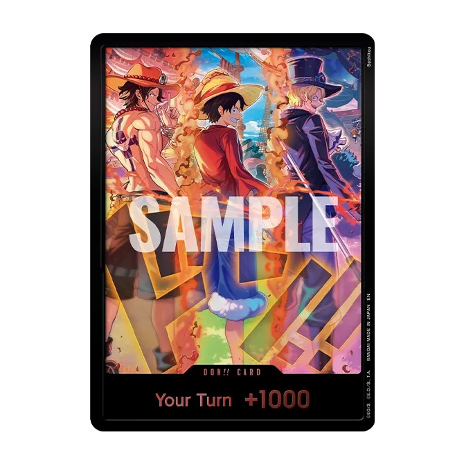 Kartu DON!! spesial bergambar Ace, Luffy, dan Sabo di tengah kobaran api dengan teks Your Turn plus 1000