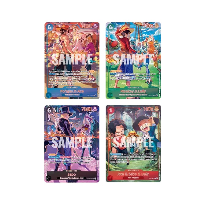 Empat kartu Character dari 3rd Anniversary Set termasuk kartu trio Ace, Sabo, dan Luffy