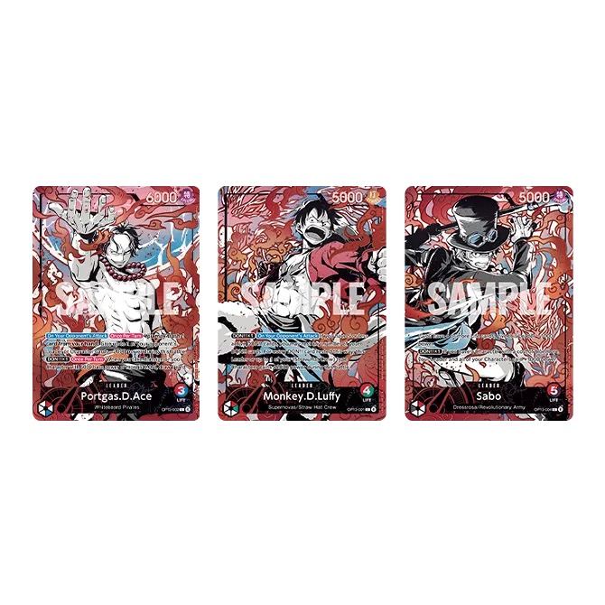 Tiga kartu Leader alternatif Portgas D. Ace, Monkey D. Luffy, dan Sabo dengan ilustrasi bernuansa api