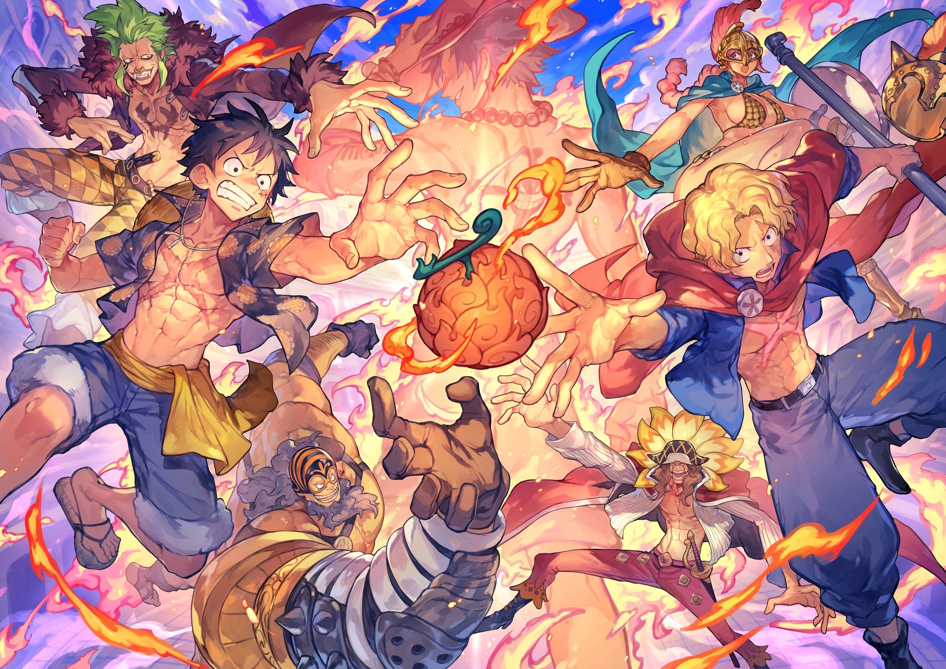 Key visual Flame-Flame Fruit Coliseum dengan sosok Ace dan efek api
