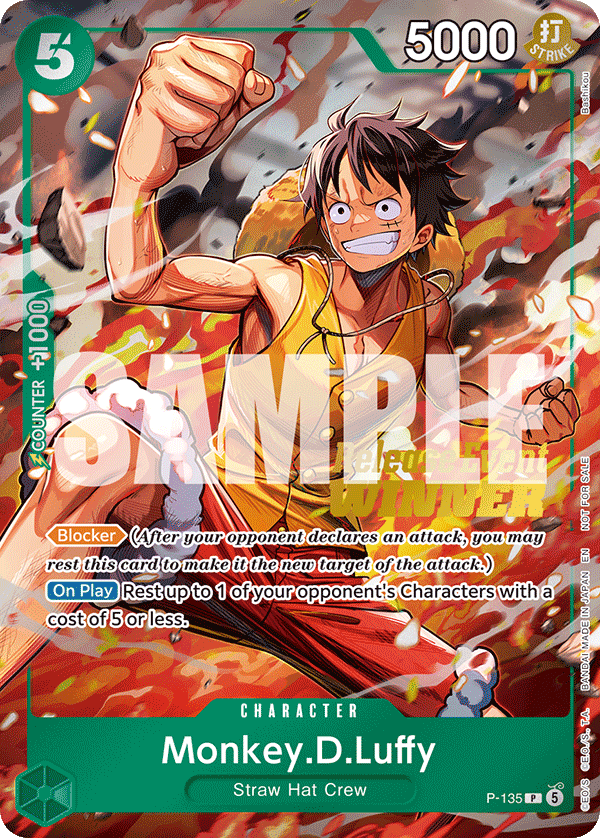 Kartu promo P-135 Monkey D. Luffy versi winner stamp