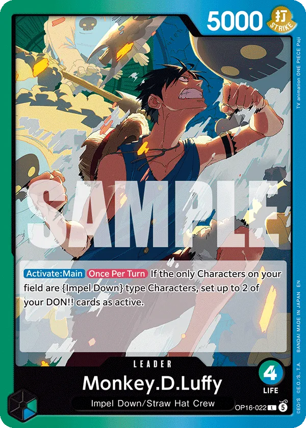 Kartu leader Monkey D. Luffy OP16-022 berwarna hijau dan biru