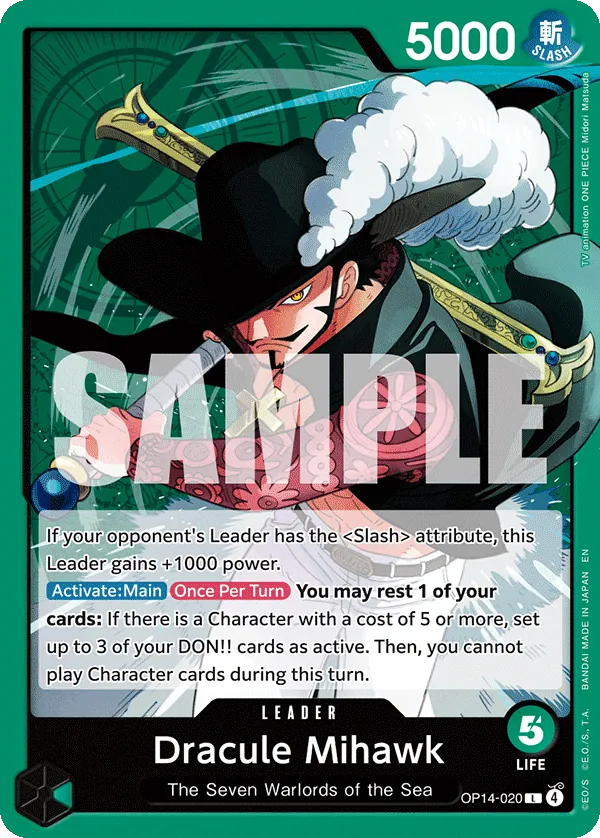 Dracule Mihawk OP14-020 Green Leader card