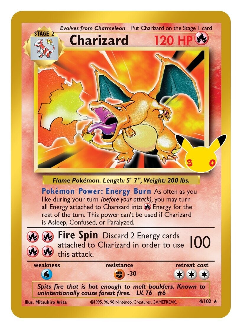 Reprint Charizard Base Set dengan foil emas dan stempel 30 tahun di set 30th Celebration