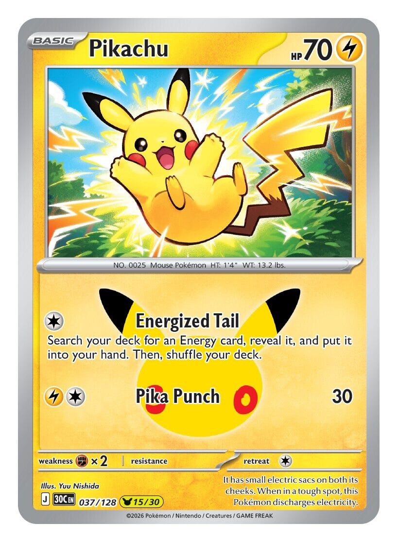Salah satu dari 30 kartu Pikachu di set 30th Celebration, bernomor 15/30