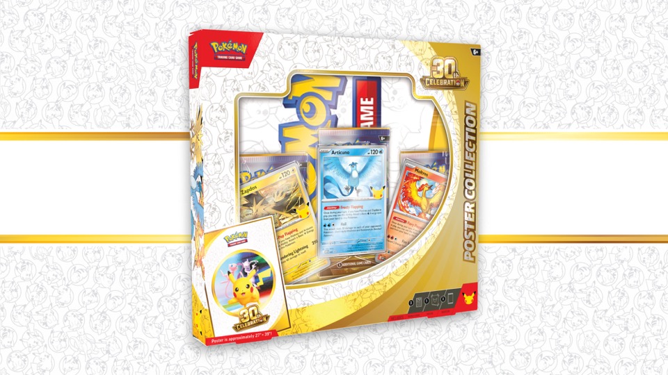 Poster Collection Pokemon TCG 30th Celebration dengan promo Articuno, Zapdos, dan Moltres
