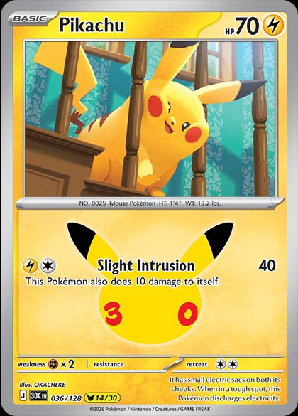 Salah satu dari 30 kartu Pikachu di set 30th Celebration dengan stempel 30