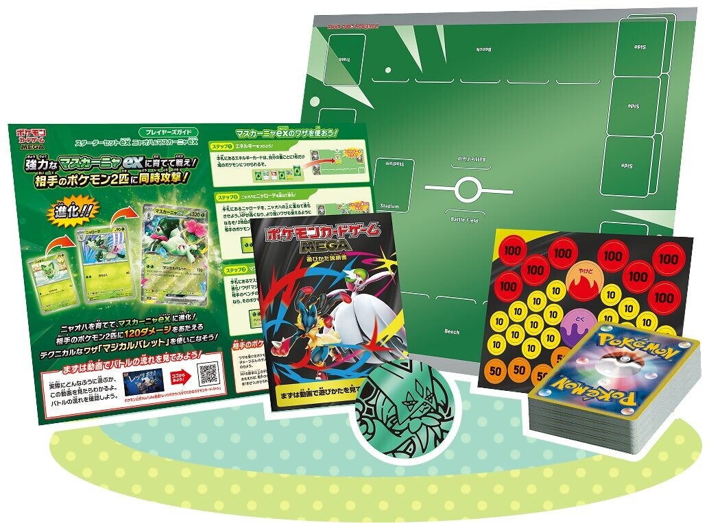 Isi MEGA Starter Set ex Meowscarada ex lengkap dengan playmat, player's guide, koin, dan damage counter