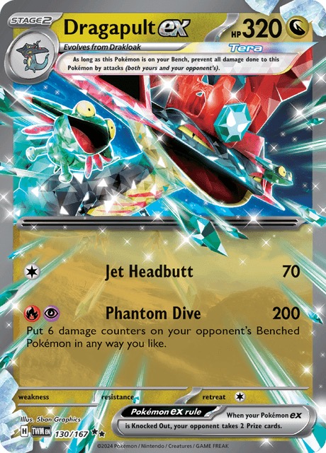 Kartu Dragapult ex dengan serangan Phantom Dive
