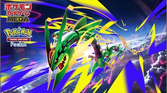 Key visual kampanye Mega Rayquaza Soaring Through the Sky dengan Mega Rayquaza dan logo Pokemon TCG Pocket