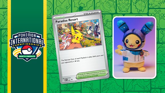 Kartu promo Paradise Resort dan boneka Pikachu perayaan Worlds 2026